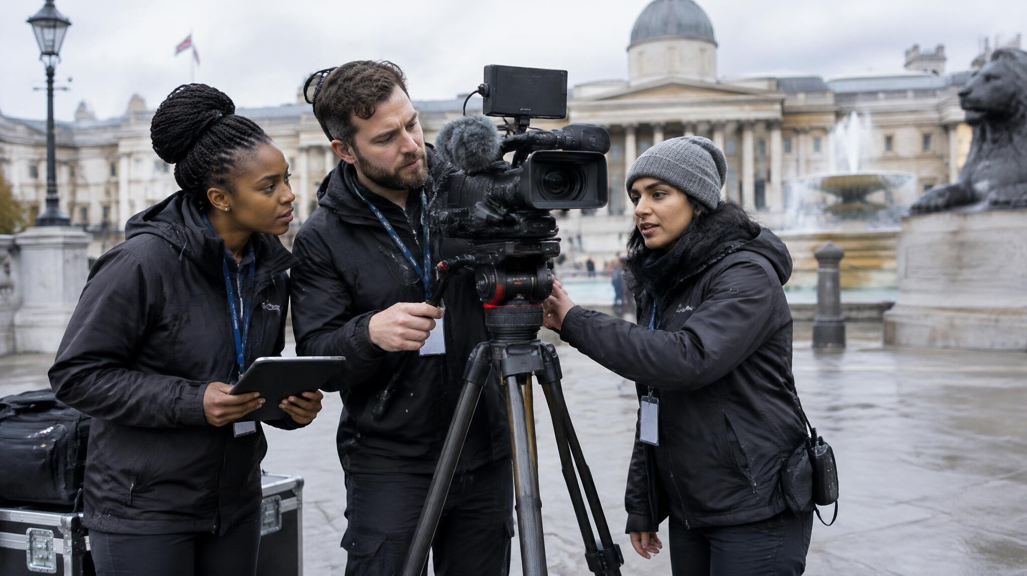 Broadcast crew setting up a live outdoor camera shot