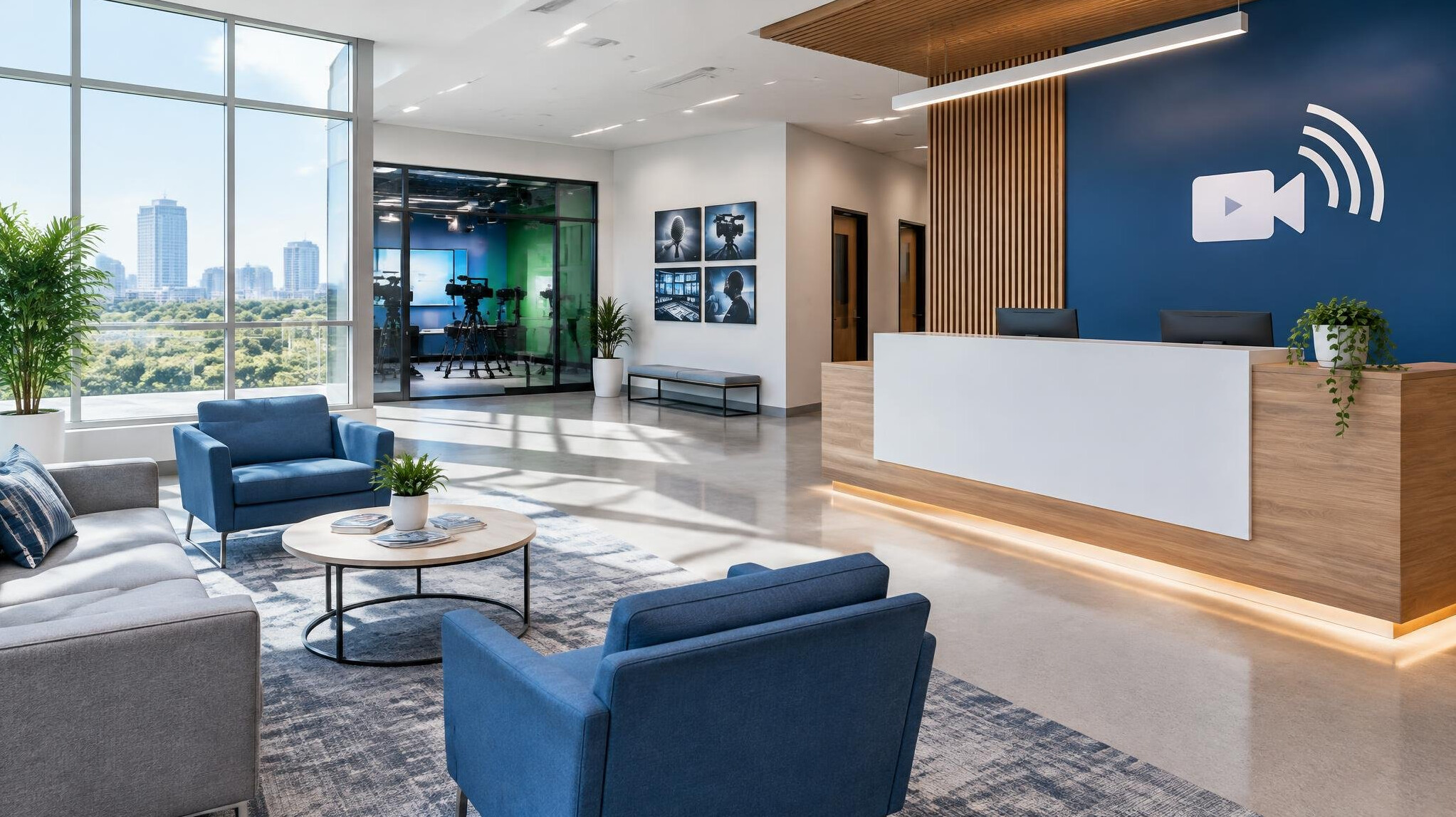 Reception area of a modern broadcast training facility