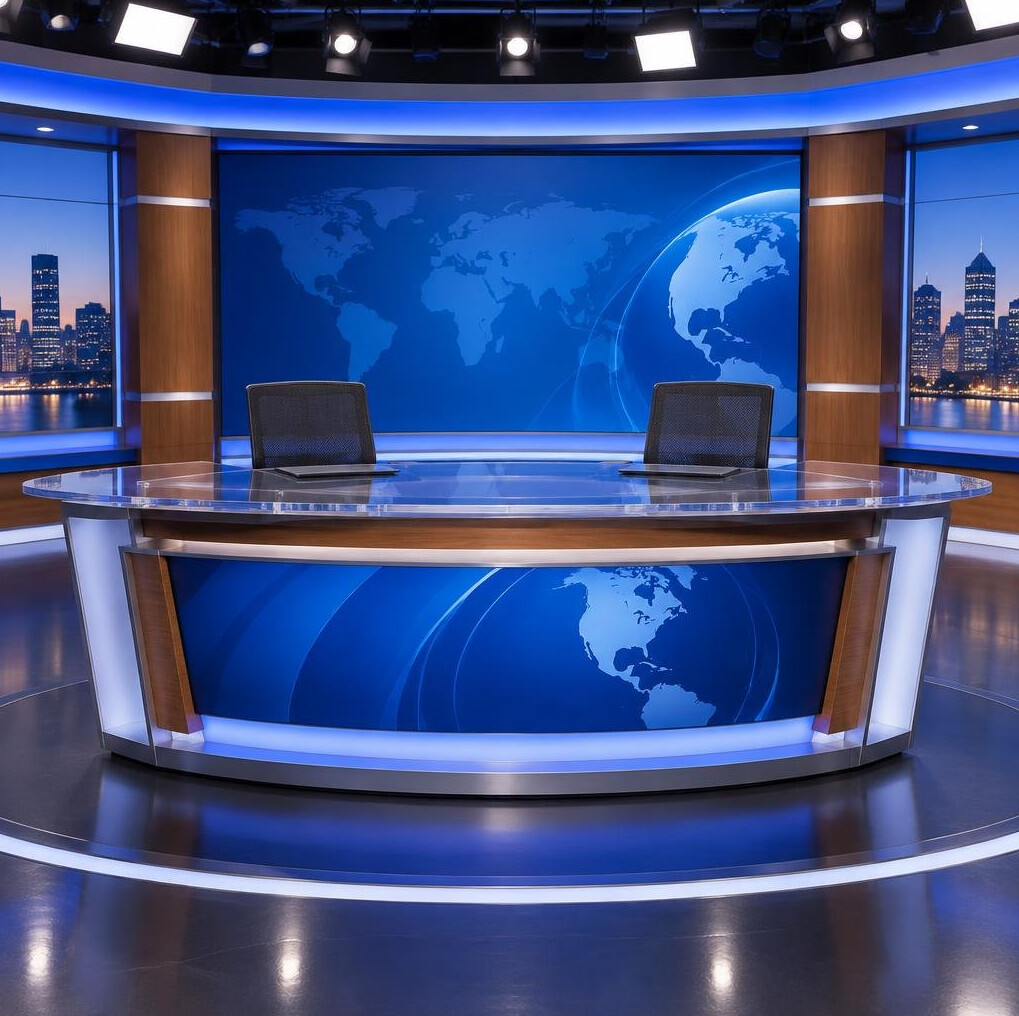 News presenter desk set with studio lighting