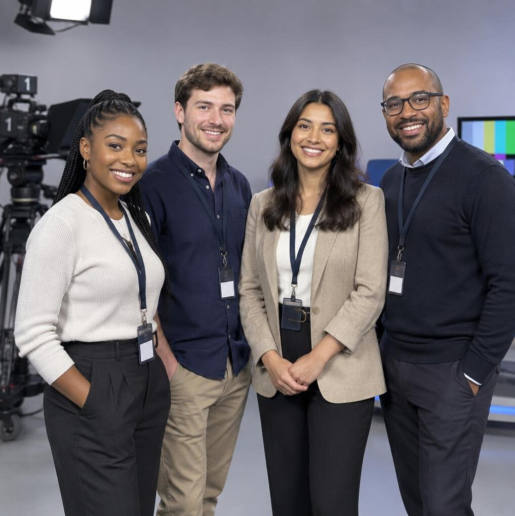Group portrait of a diverse broadcast training team