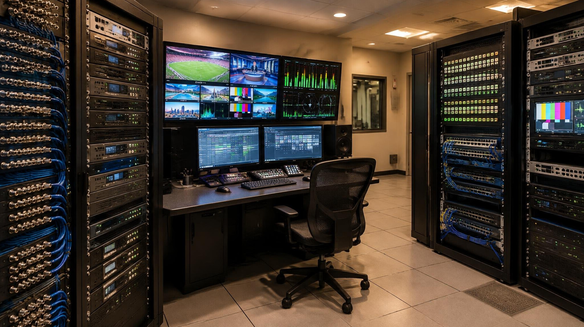 Technician monitoring live signal distribution equipment