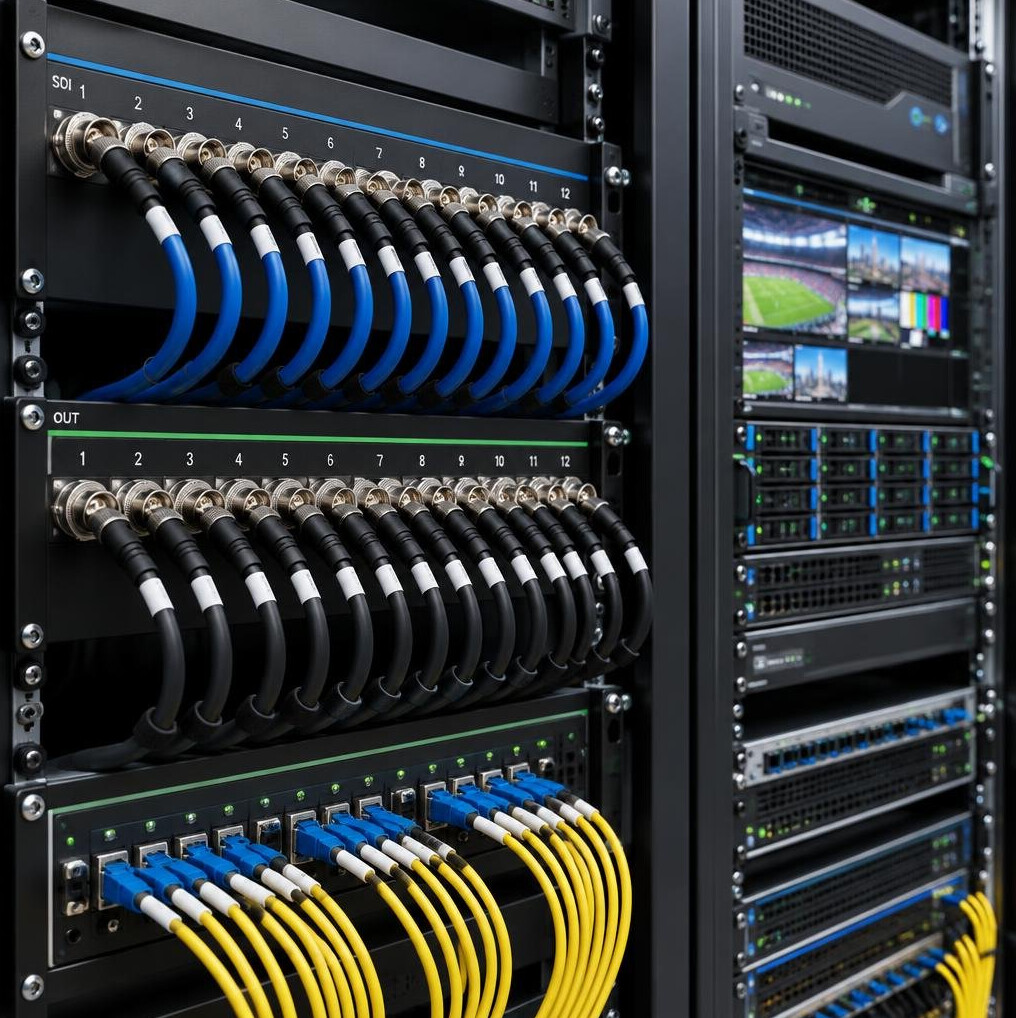 Broadcast signal patch panel and server racks