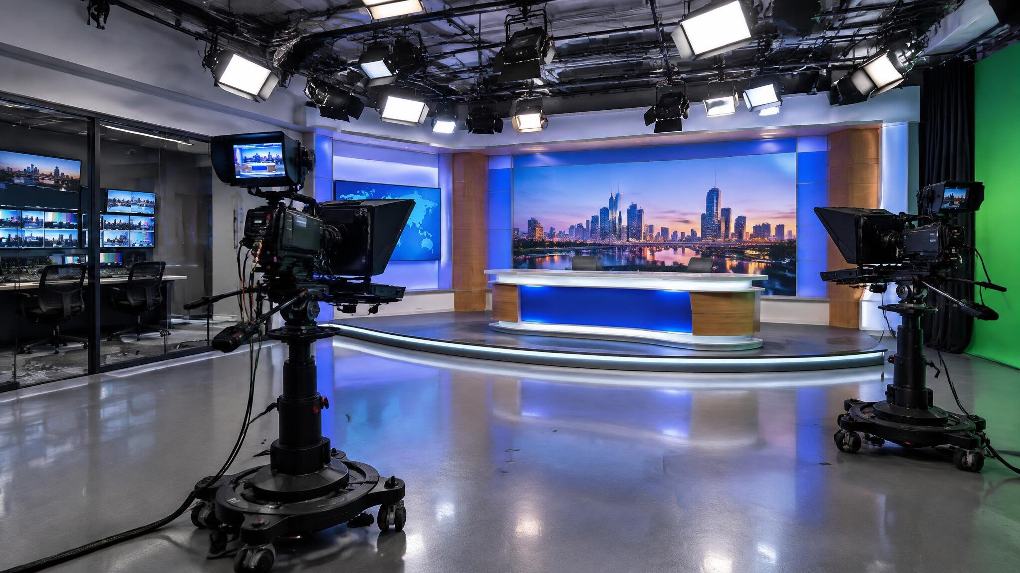 Interior of a modern broadcast training facility with studio equipment